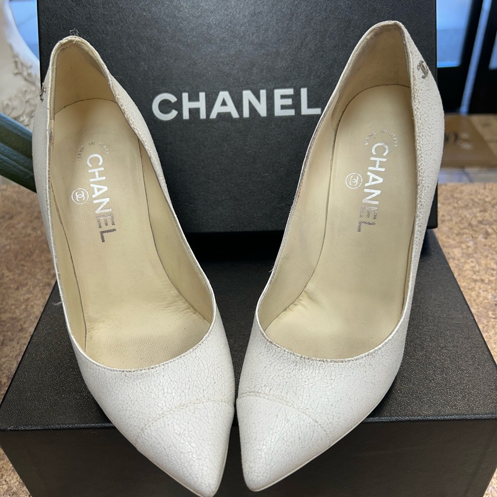 CHANEL White High Heels with Timeless Elegance